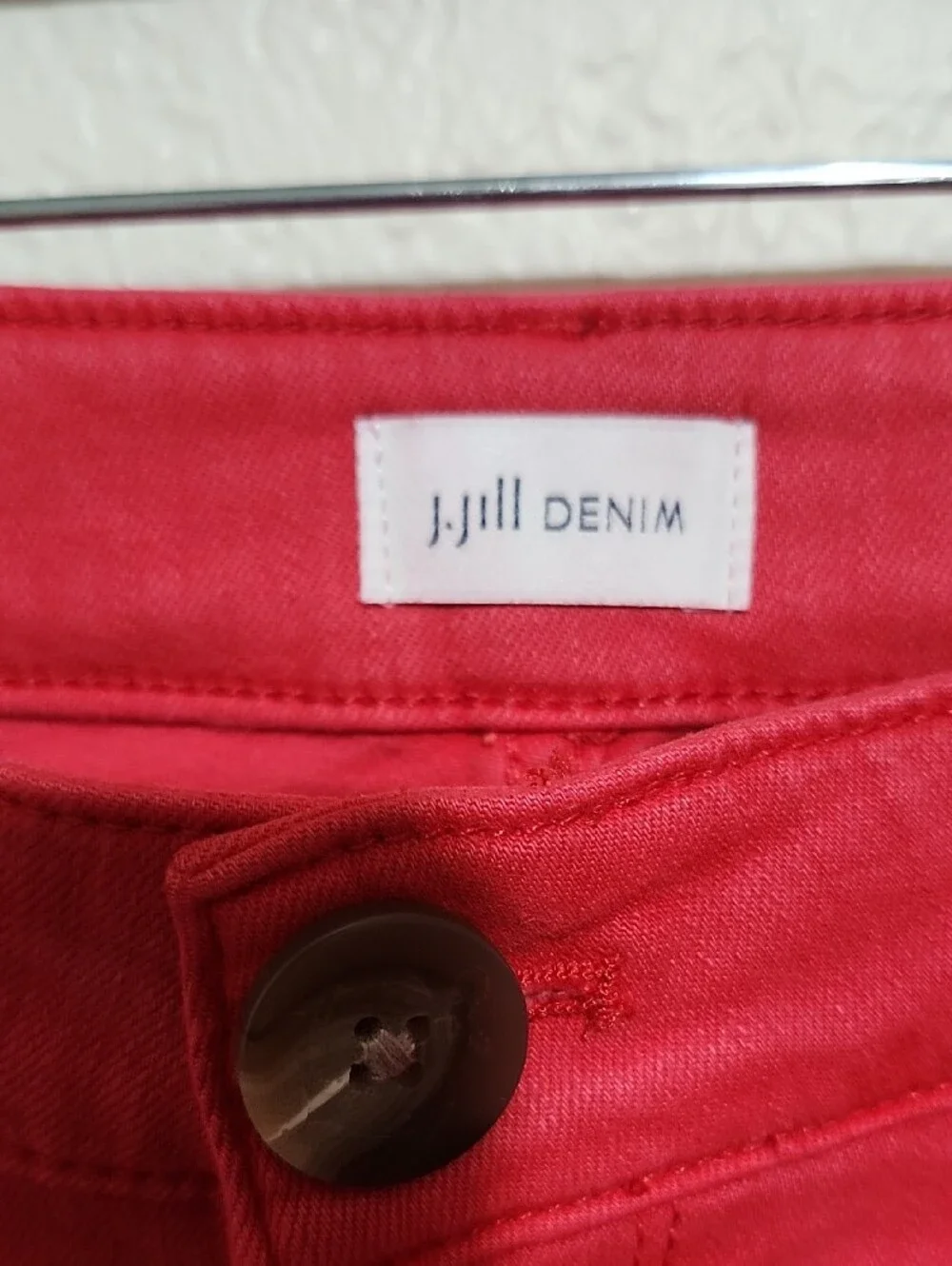 J. Jill Wide-Leg Cropped Denim Pants Red Coral Patch Pocket Sz 6R Fringe Hem